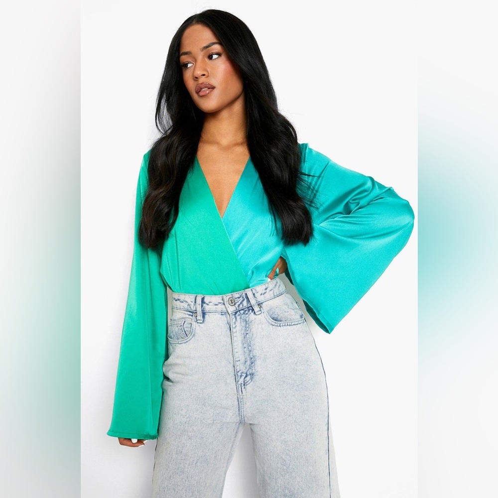 Elegant Emerald And Teal Wrap Bodysuit Top